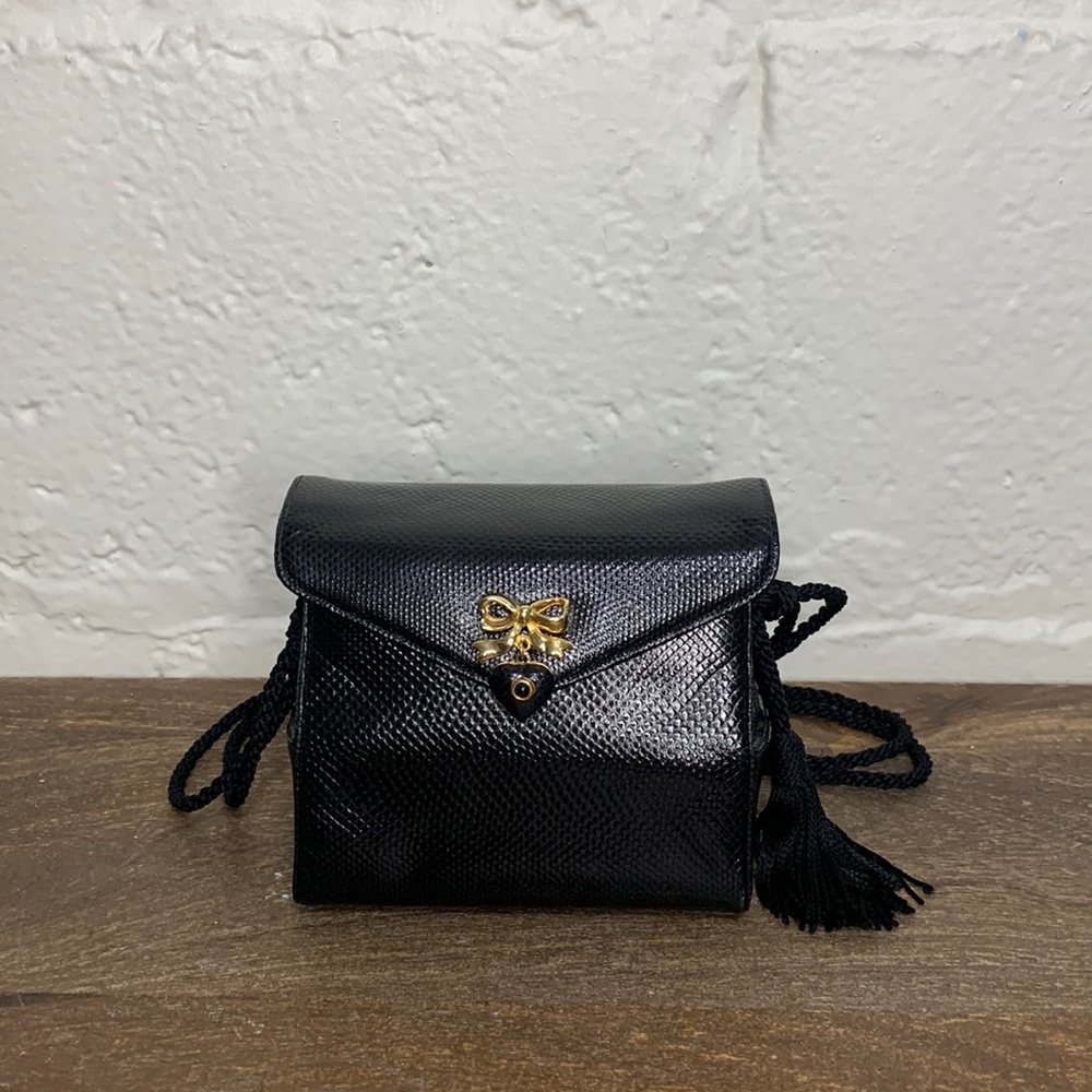 Vintage Judith Lieber Black Lizard Leather Bow Heart Accent 2-way Evening Bag